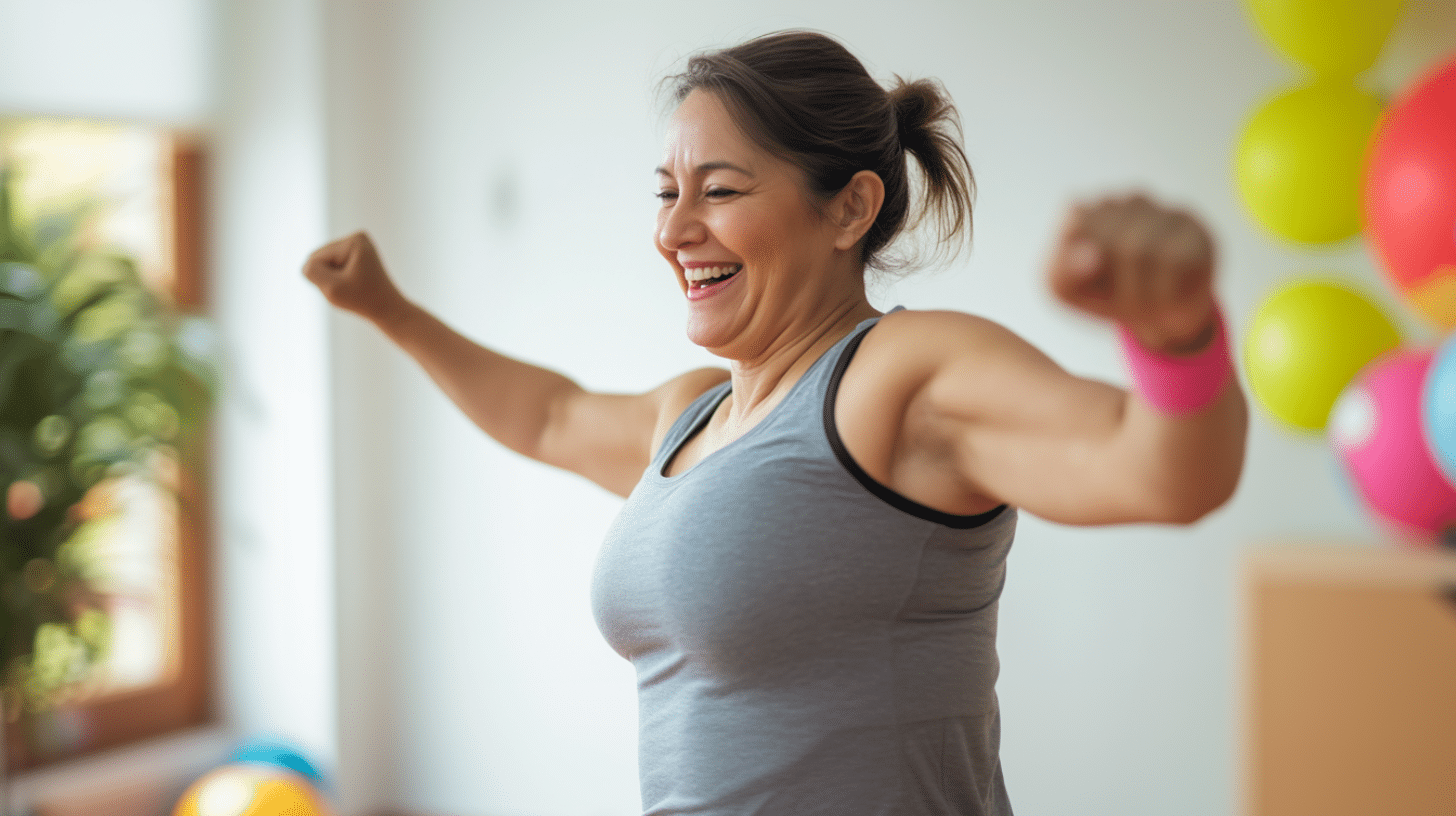 A woman in her 50's doing Zumba.