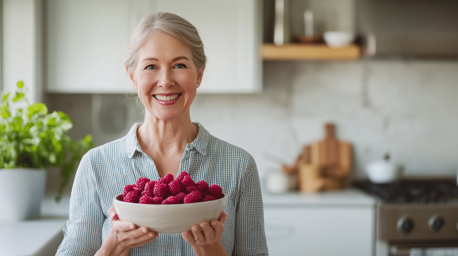 A middle-aged woman holding a bowl of raspberries.