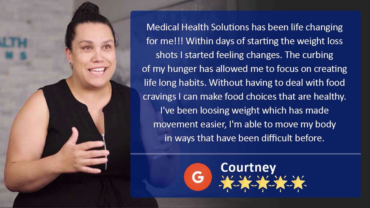 This Courtney, a a patient at the weight loss clinic. She is standing in front of a wall in the clinic that has a large brand logo for Medical Health Solutions. The image includes a quote from her talking about the success she has had a t the clinic with semagutide.