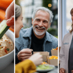 An image of an easy-to-prepare healthy snack, a group of people sharing a meal together, a weight loss doctor explaining the potential effects of skipping meals during a consultation with her patient.