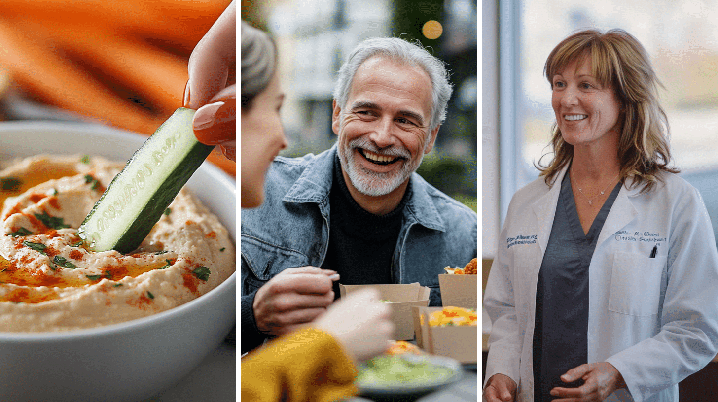 An image of an easy-to-prepare healthy snack, a group of people sharing a meal together, a weight loss doctor explaining the potential effects of skipping meals during a consultation with her patient.