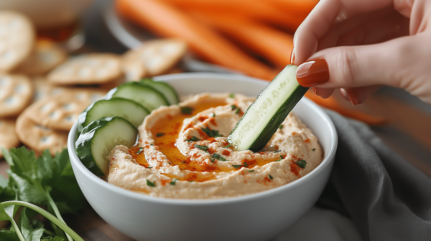 An image of an easy-to-prepare healthy snack which is cucumber and carrot sticks with hummus.