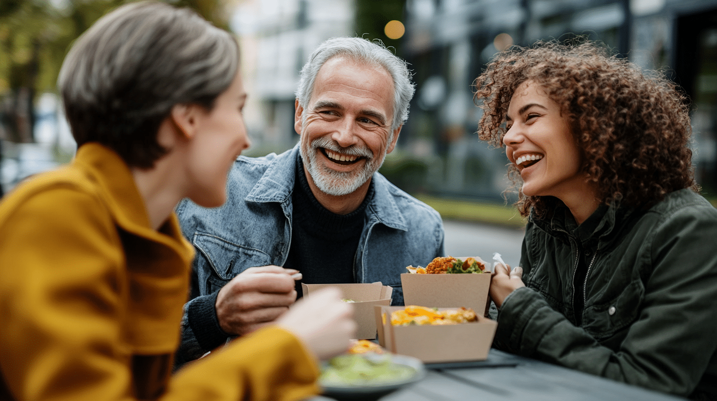 A group of people sharing a meal together, engaging in lively conversation and laughter.