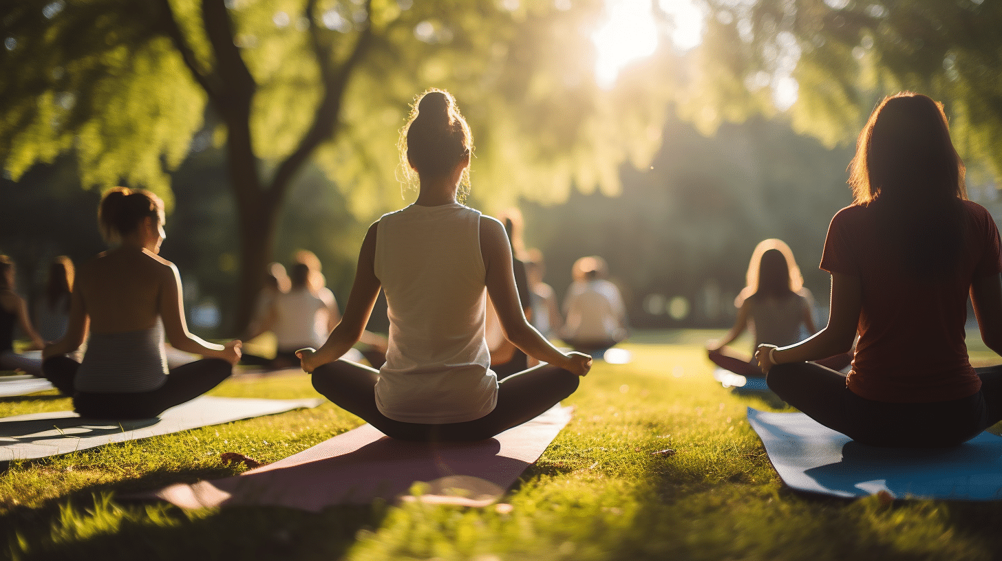 Women doing yoga in the park.