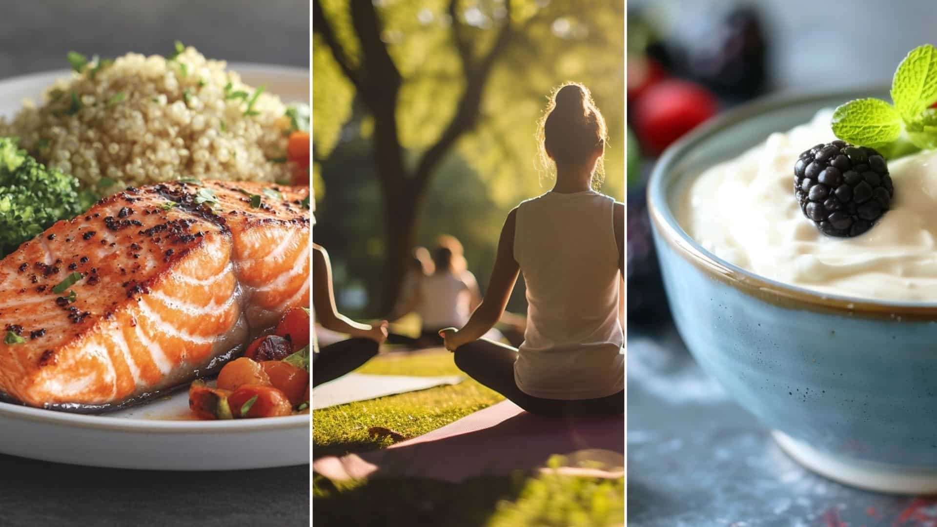 Women doing yoga in the park. A yogurt with berries. A fresh salad, grilled salmon, and vegetable medleys are being prepared, showcasing healthy Mediterranean Diet-inspired recipes.