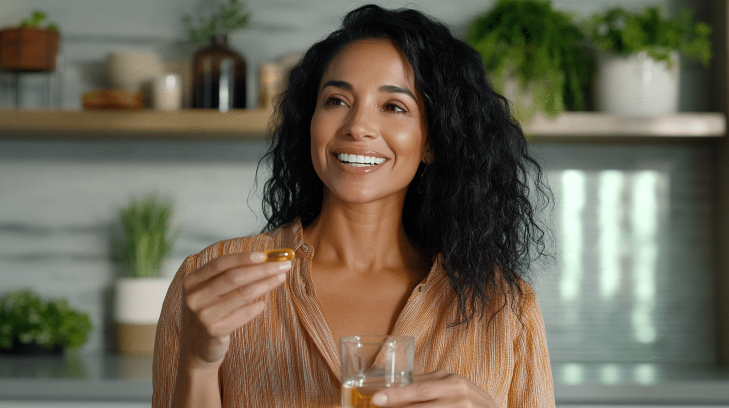 A Hispanic woman is holding a omega-3 fatty acid capsule and a glass of water.