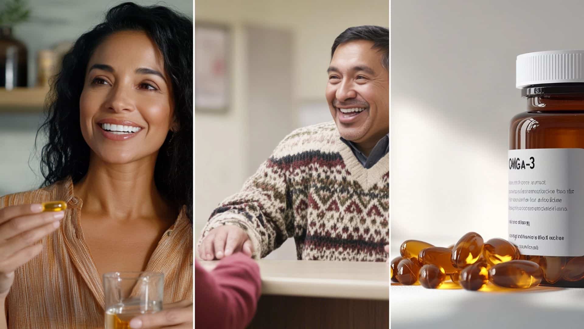 A Hispanic man talking politely with a nurse in the clinic lobby. A omega-3 fatty acids capsules. A Hispanic woman is holding a omega-3 fatty acid capsule and a glass of water.