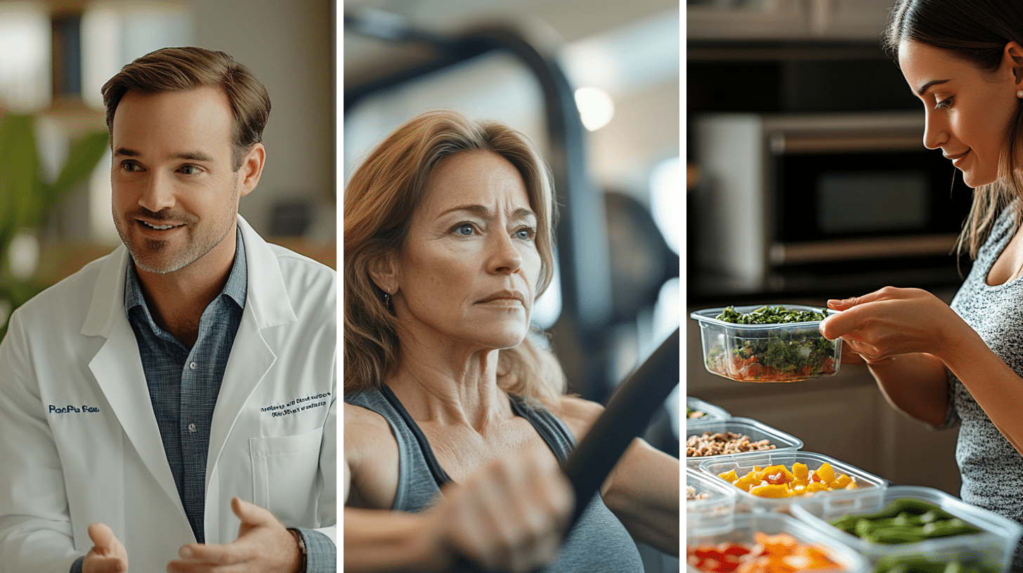 A weight loss specialist addressing misconceptions about intense workouts, a tired middle-aged woman pushing through an intense workout, and a woman preparing her healthy meal plan for the week.