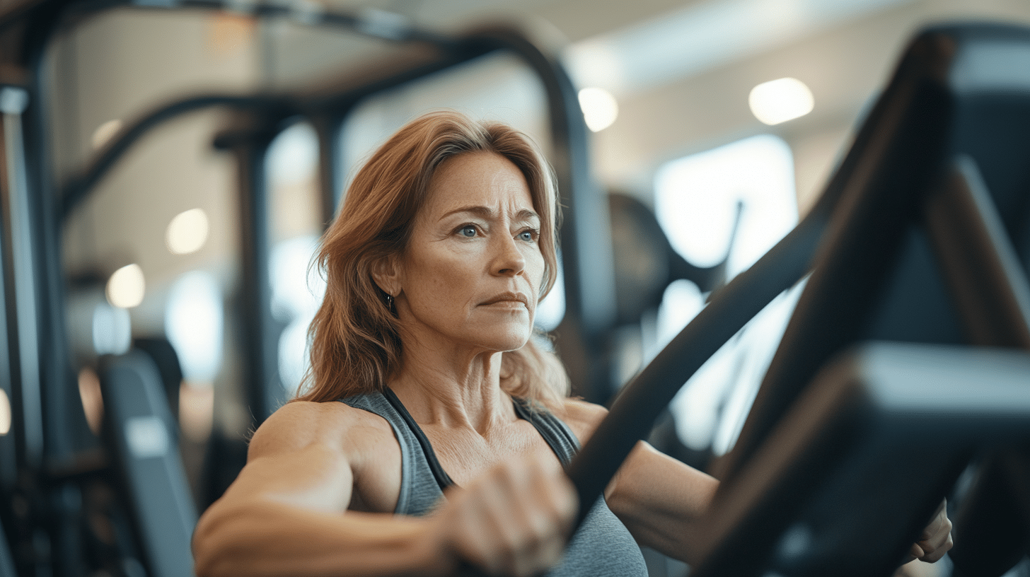 A tired middle-aged woman pushing through an intense workout at the gym.