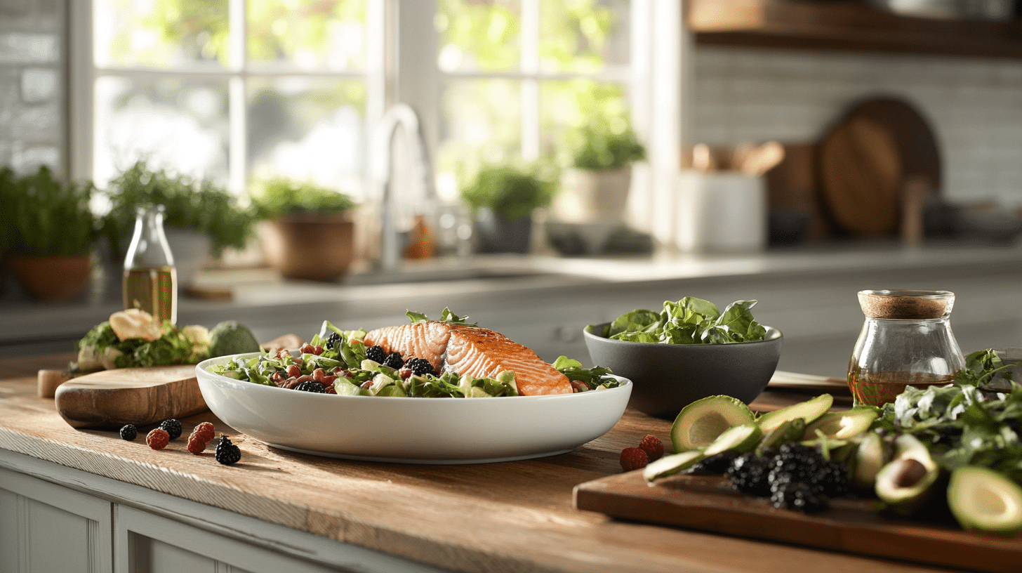 A fresh salad, grilled salmon, and vegetable medleys are being prepared in the kitchen countertops.