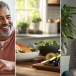 A Hispanic man taking his medicine. A weight loss doctor talking to her patient at the clinic. A fresh salad, grilled salmon, and vegetable medleys are being prepared in the kitchen countertops.