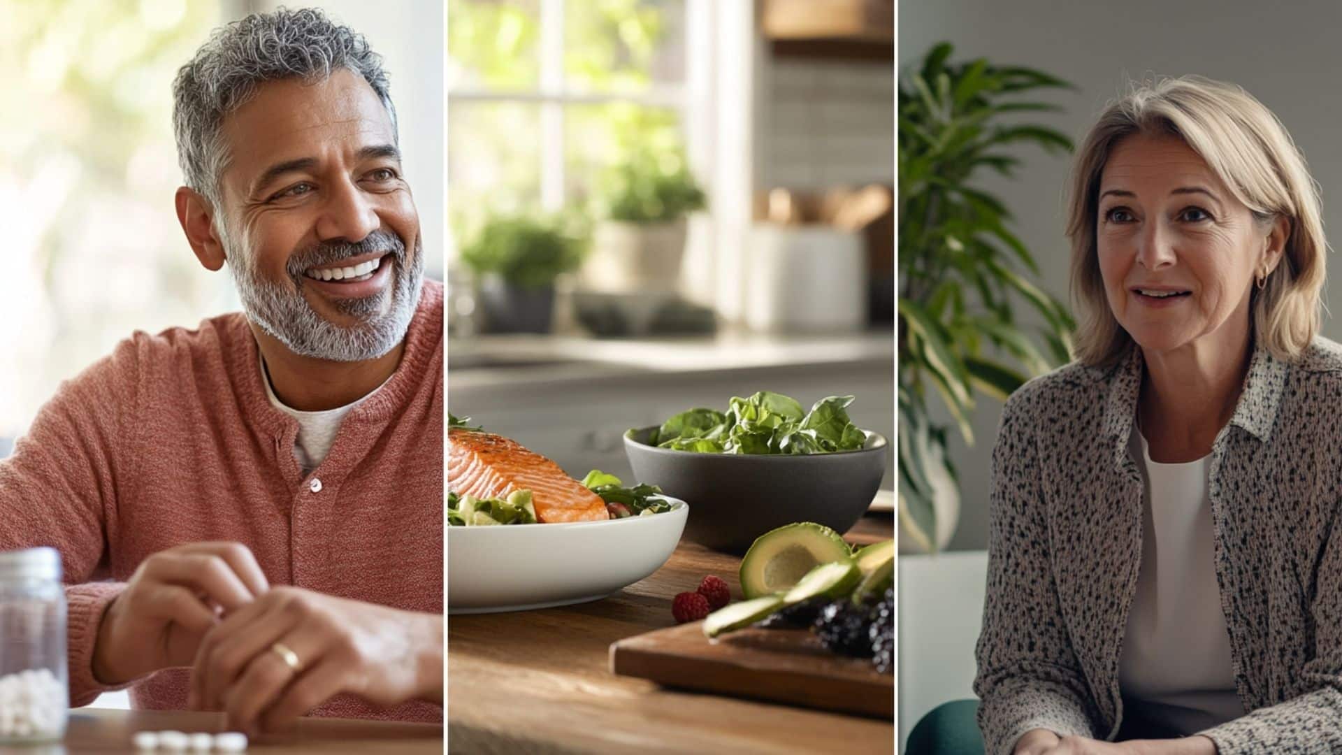 A Hispanic man taking his medicine. A weight loss doctor talking to her patient at the clinic. A fresh salad, grilled salmon, and vegetable medleys are being prepared in the kitchen countertops.