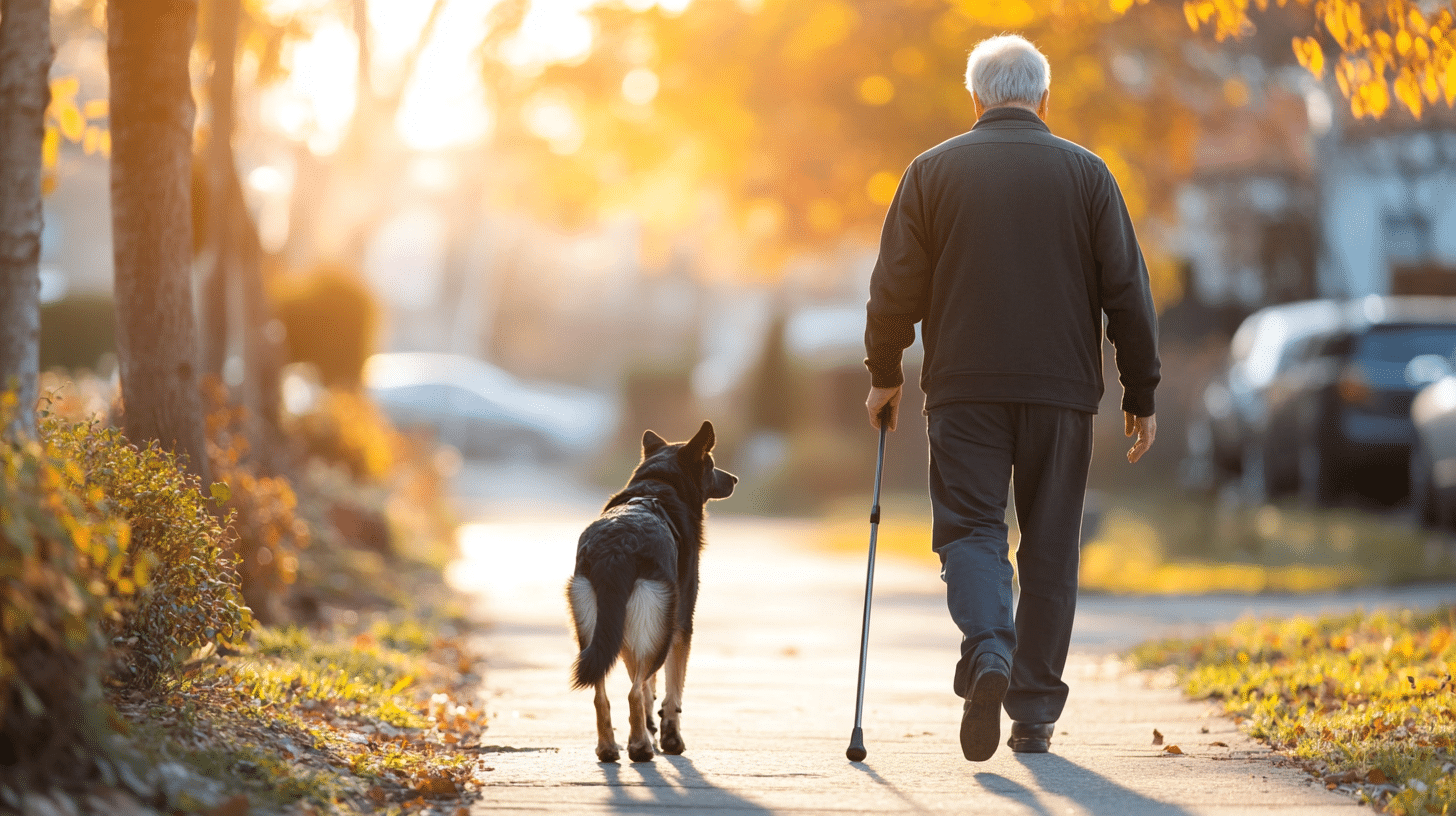 An old man walking with his dog.