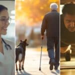 A nurse practitioner explaining nutritional needs to her patient. An old man walking with his dog. A 45-year-old Hispanic man doing a push-up.