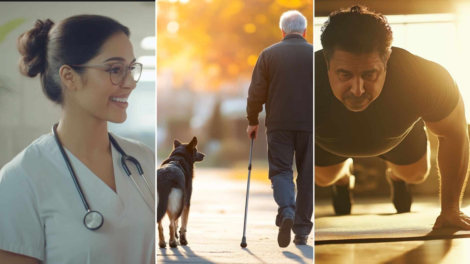 A nurse practitioner explaining nutritional needs to her patient. An old man walking with his dog. A 45-year-old Hispanic man doing a push-up.