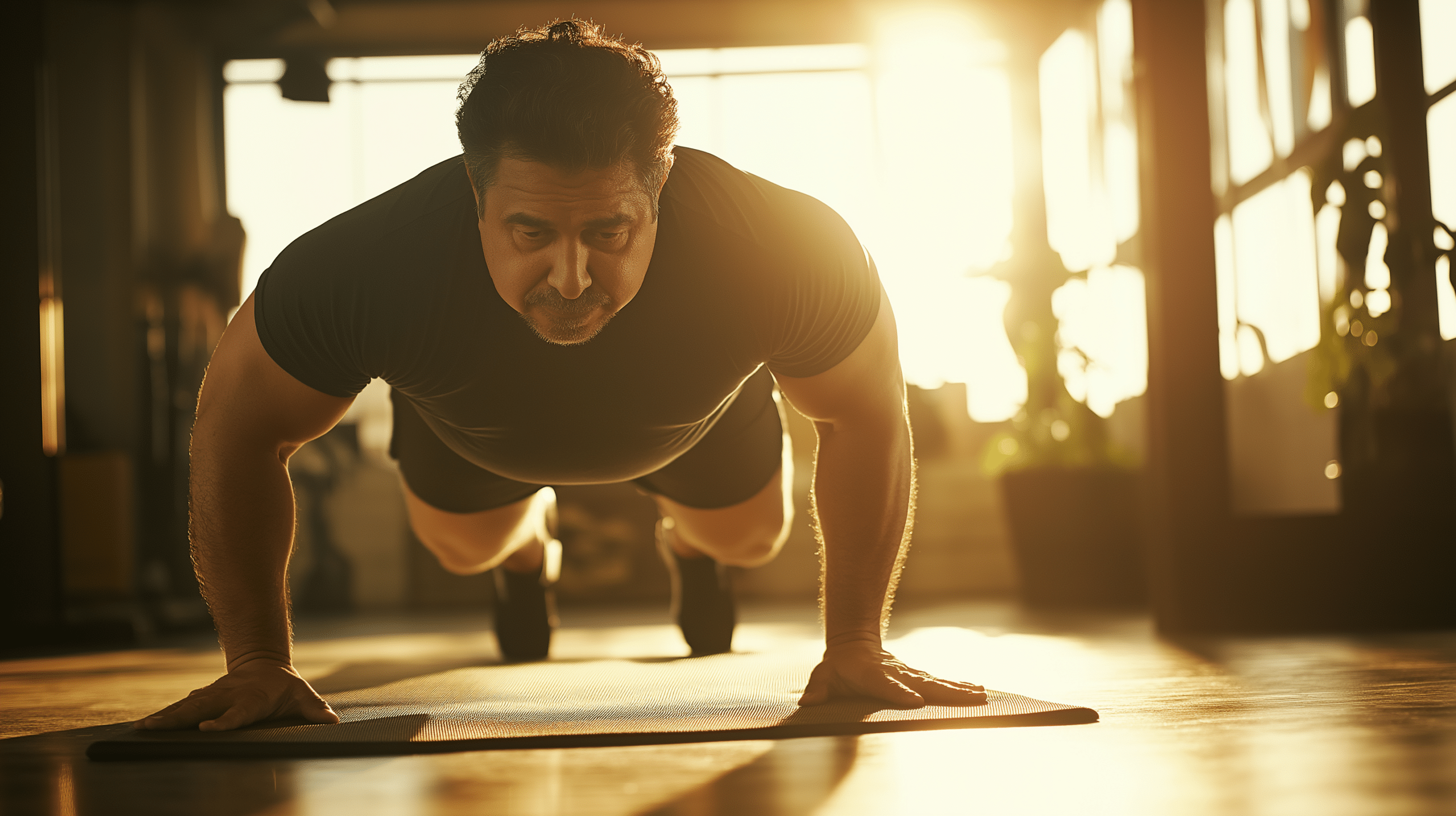 A 45-year-old Hispanic man doing a push-up.