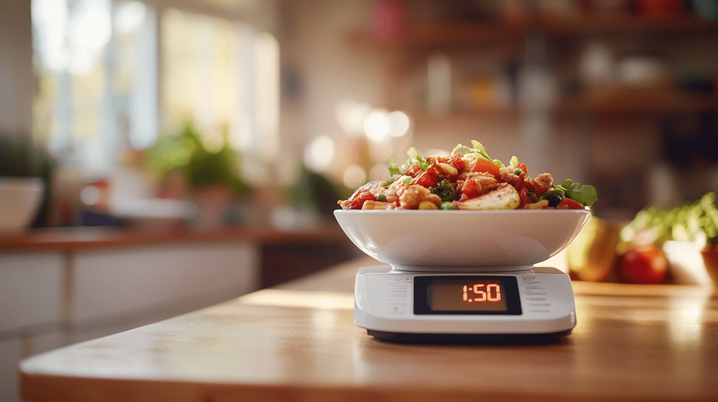 A bowl of healthy food on a digital kitchen scale, displaying the weight.