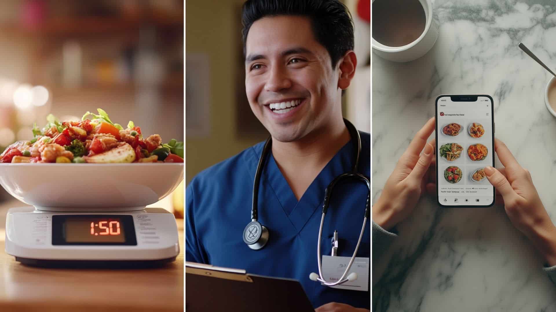 A nurse practitioner explaining nutritional needs to her patient. A hand holding a mobile phone with an interface of a weight loss app.