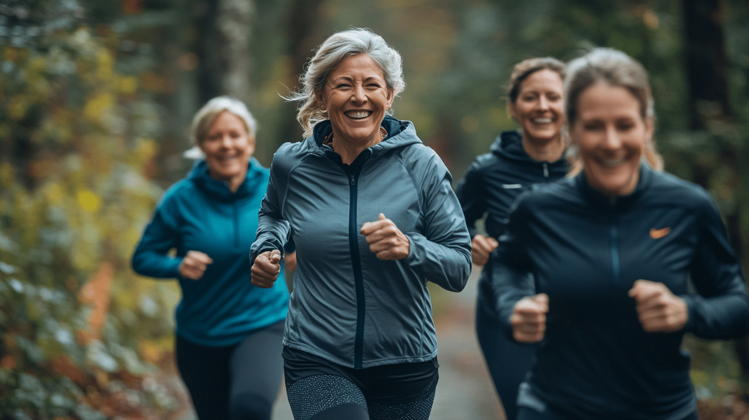 Group of older women joyfully jogging together in a forest.