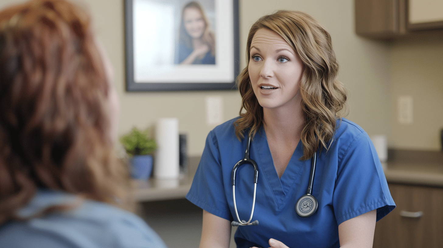 A nurse practitioner explaining nutritional needs to her patient.