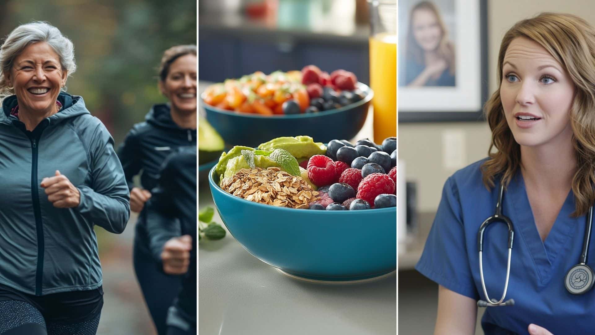 Group of older women joyfully jogging together in a forest. Bowls of colorful, fresh fruits and vegetables with a glass of orange juice. A nurse practitioner explaining nutritional needs to her patient.