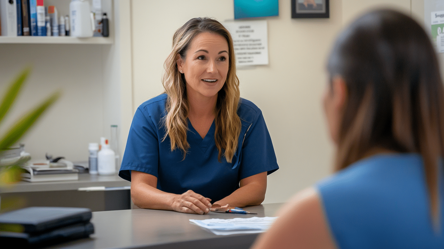 A nurse practitioner explaining nutritional needs to her patient.