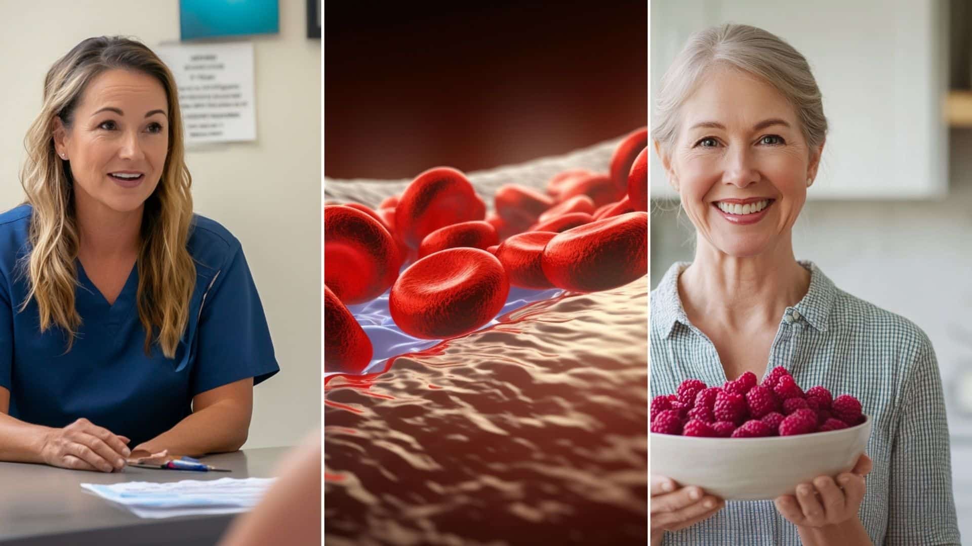 A nurse practitioner explaining nutritional needs to her patient. This image is another detailed visualization of red blood cells traveling through a blood vessel. A middle-aged woman holding a bowl of raspberries.