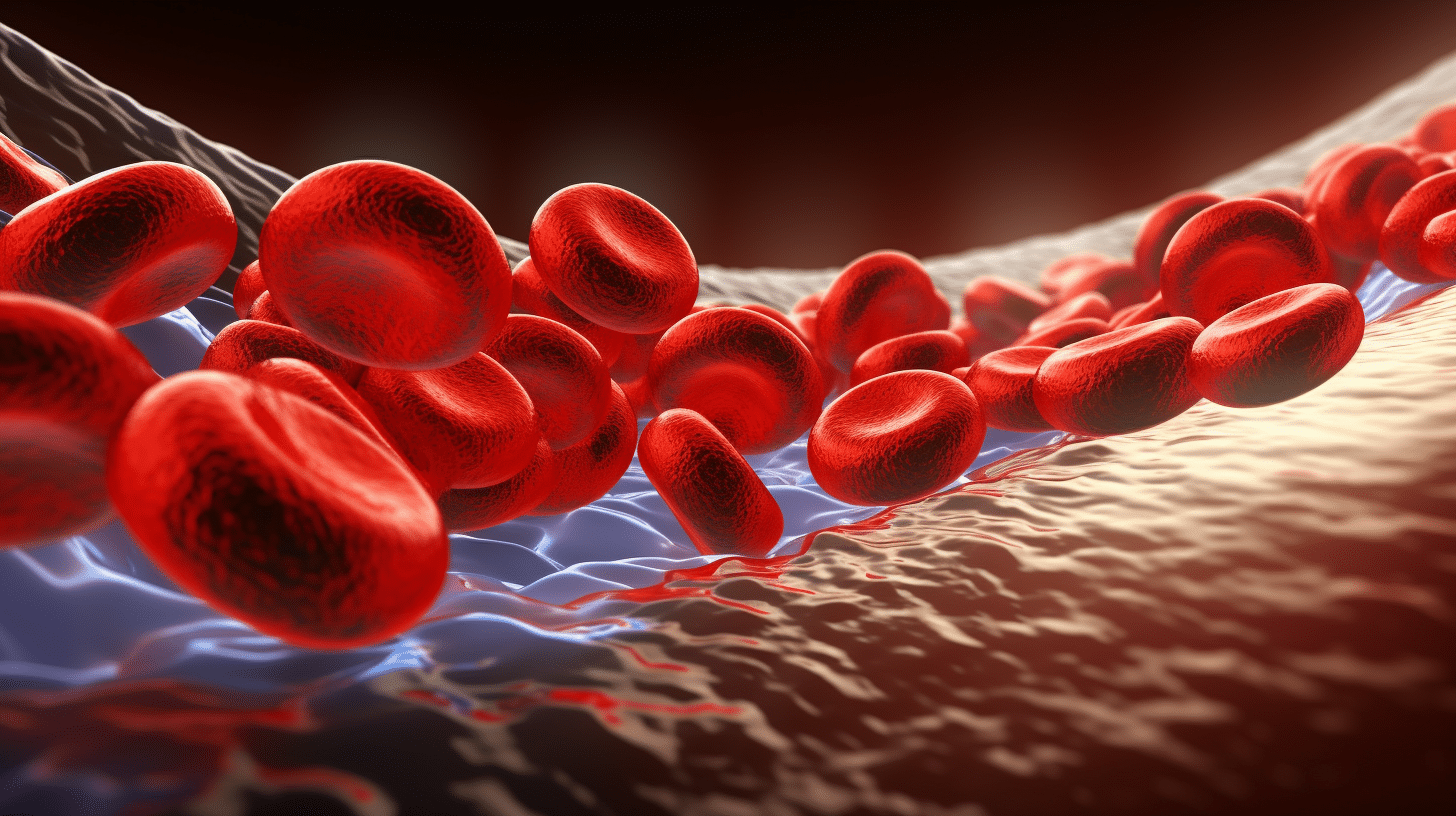 This image is another detailed visualization of red blood cells traveling through a blood vessel.