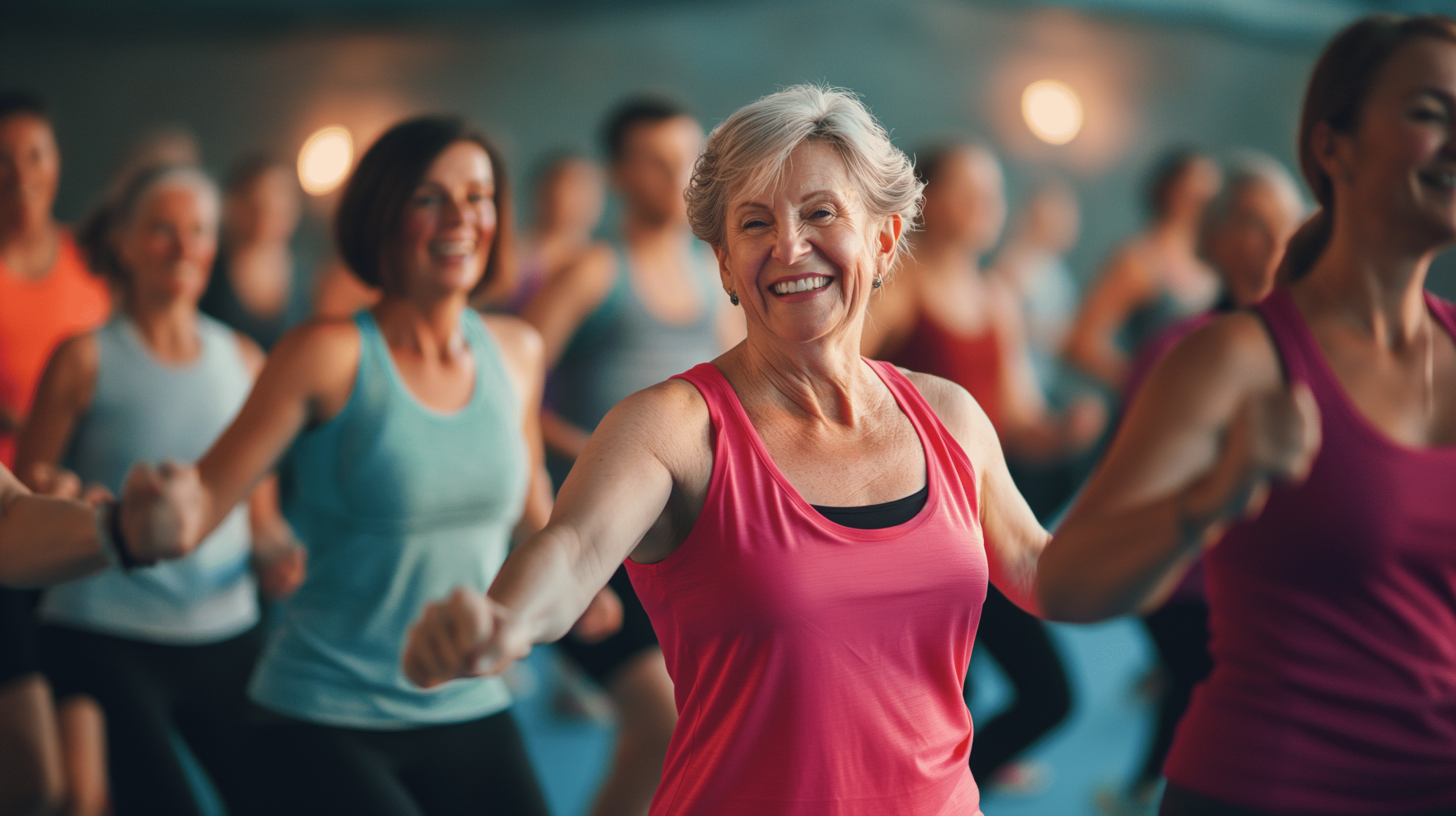 A group of people doing Zumba in the studio.