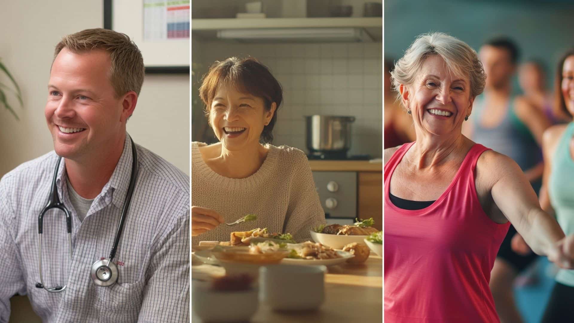 A group of people sharing a meal together, engaging in lively conversation and laughter. A weight loss doctor talking to her patient at the clinic. A group of people doing Zumba in the studio.