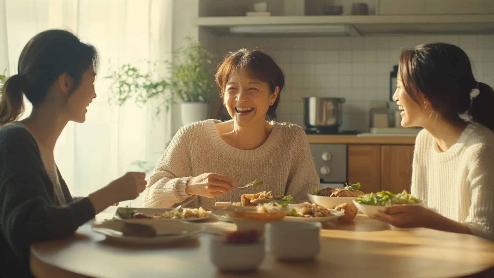 A group of people sharing a meal together, engaging in lively conversation and laughter.