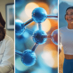 A weight loss doctor talking with her patient inside the clinic, a 3D rendering of the cortisol molecule, and a woman in her mid-30s running though a scenic trail, unwinding and relieving stress.