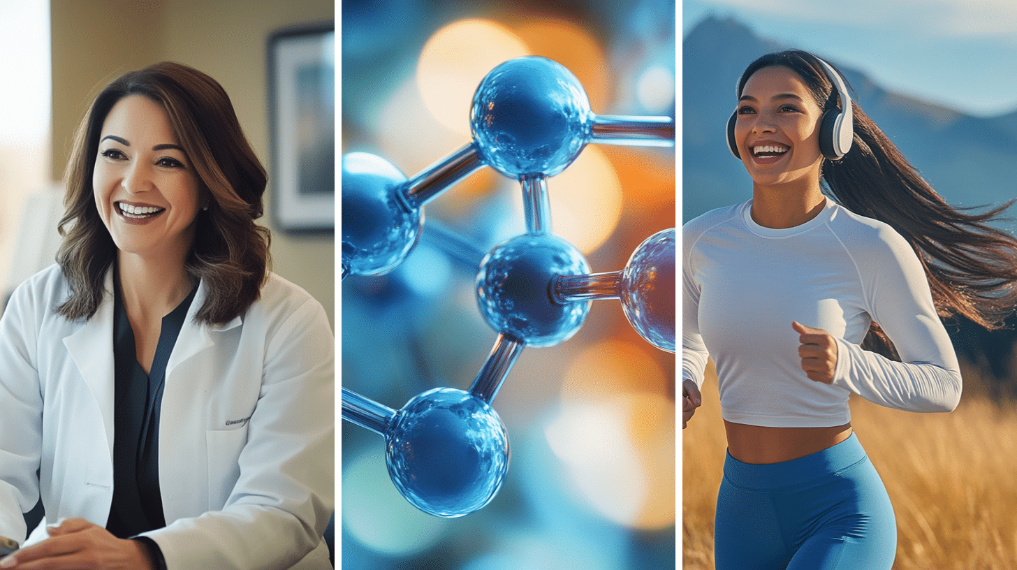 A weight loss doctor talking with her patient inside the clinic, a 3D rendering of the cortisol molecule, and a woman in her mid-30s running though a scenic trail, unwinding and relieving stress.